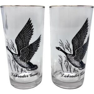 Vintage Labrador Goose Highball Glass Set Of 2 Gold Trim Sportsman Bird Hunting